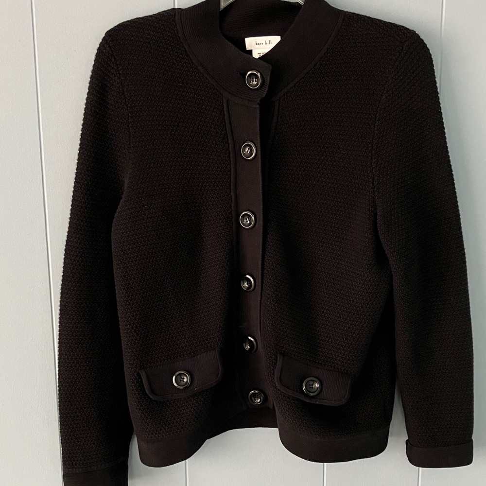 Kate Hill Cotton Button Front Collarless Black Sweater Cardigan Jacket
